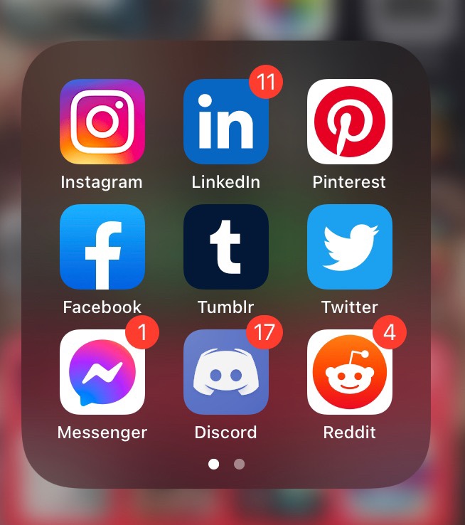 social media icons are shown on an iphone home screen Instagram, linkedin, pintrest, facebook, tumblr, twitter, fb messenger, discord and reddit